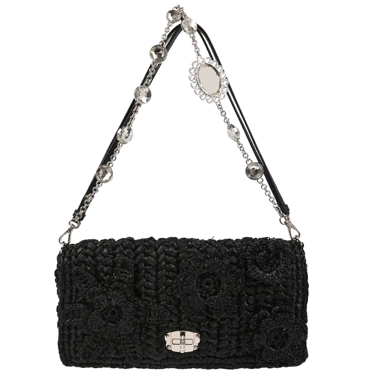 Miu Miu Black Raffia Flower Crystal Handbag