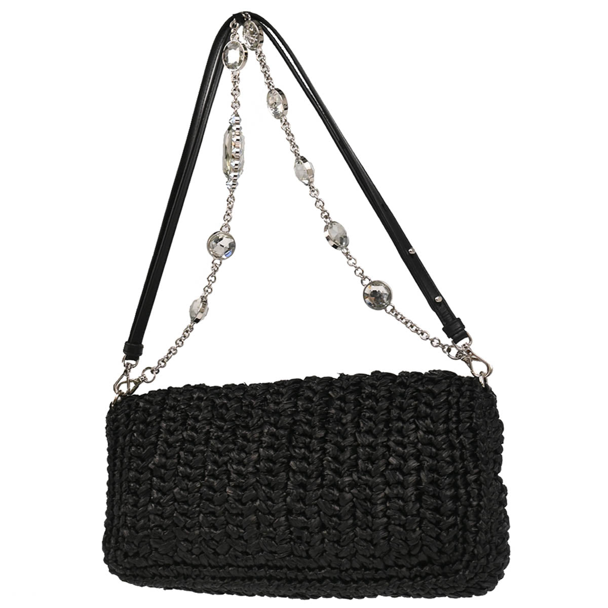 Miu Miu Black Raffia Flower Crystal Handbag