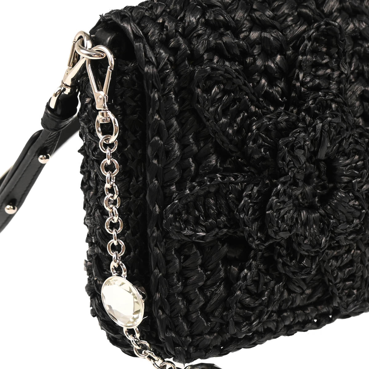 Miu Miu Black Raffia Flower Crystal Handbag