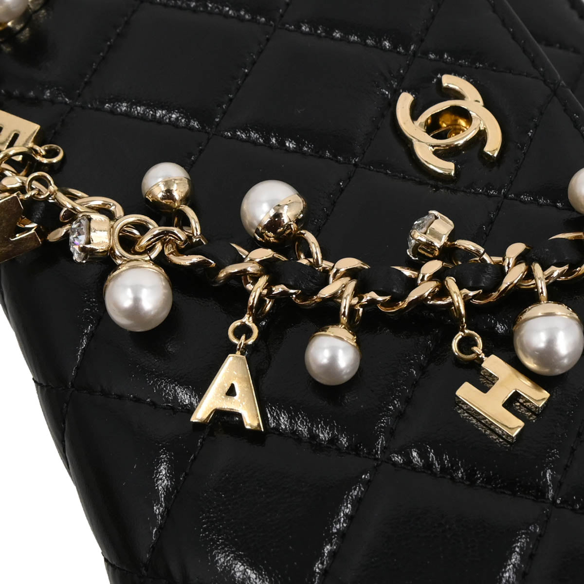 Chanel 2019 Black Lambskin Costume Pearl WOC Shoulder Wallet Bag