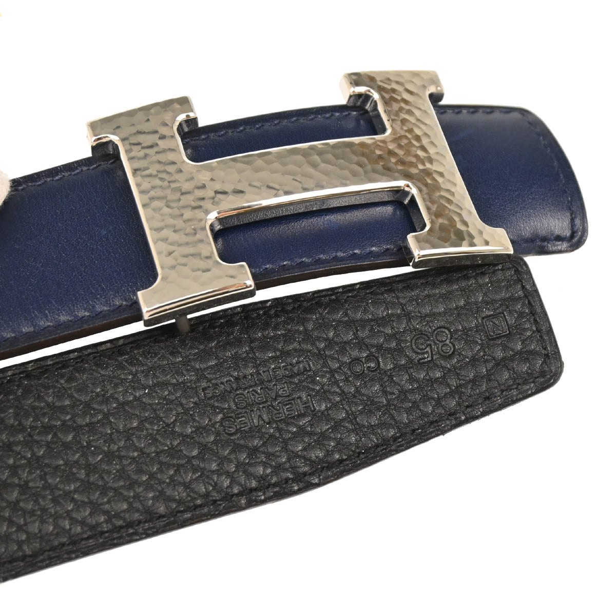 Hermes Blue Navy Box Calf Constance Reversible Belt #85 Small Good