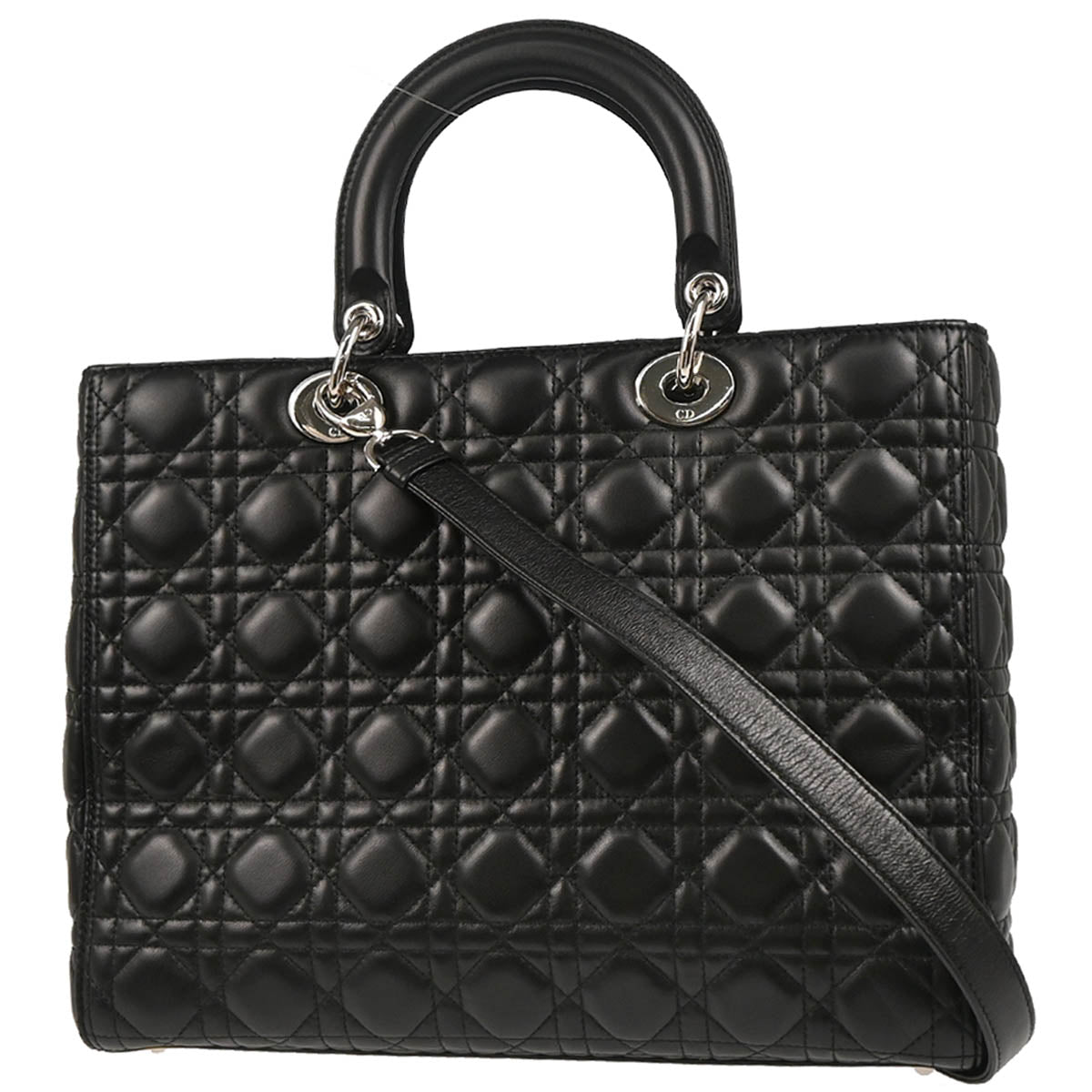 Christian Dior 2017 Black Lambskin Large Lady Dior Cannage 2way Handbag