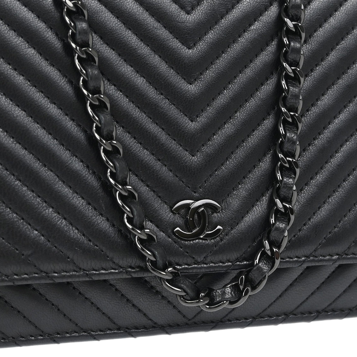 Chanel 2014-2015 Black Lambskin Chevron Classic WOC Shoulder Wallet Bag