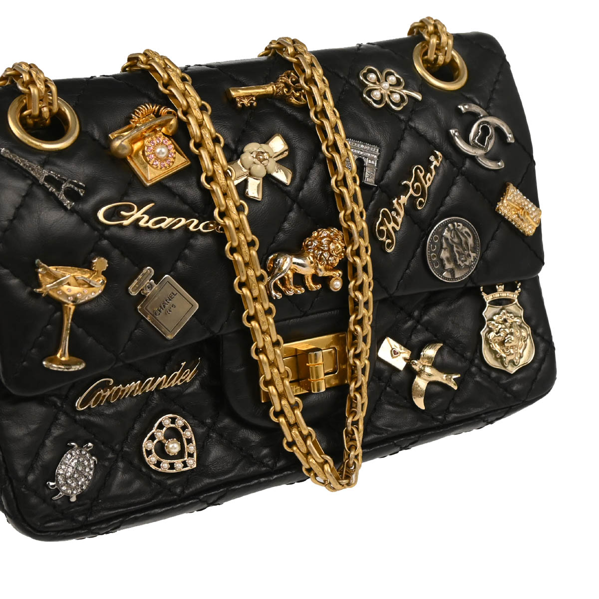 Chanel 2017-2018 Black Calfskin Lucky Charm 2.55 Classic Double Flap Shoulder Bag