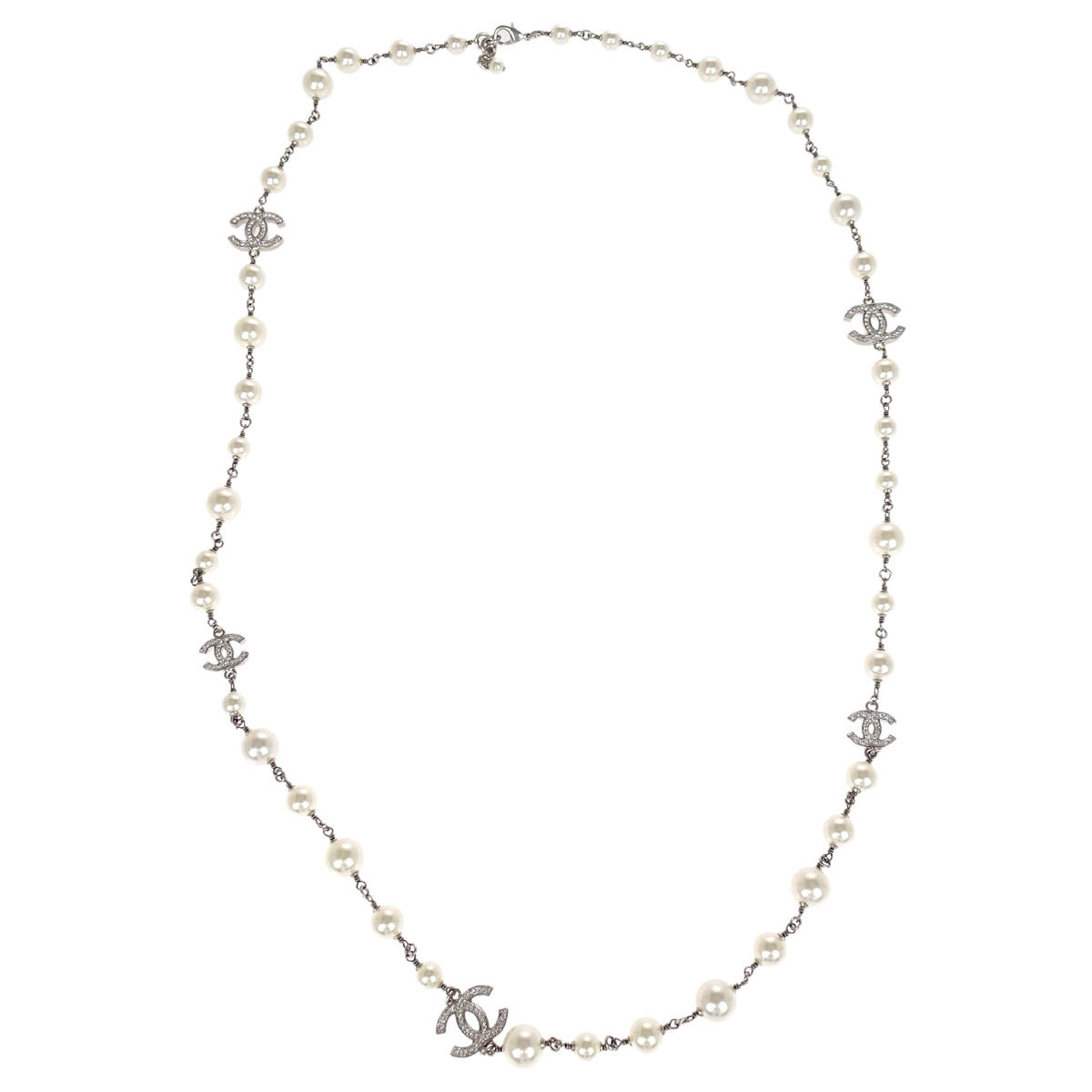 Chanel Costume Pearl Rhinestone Chain Necklace Silver A19V