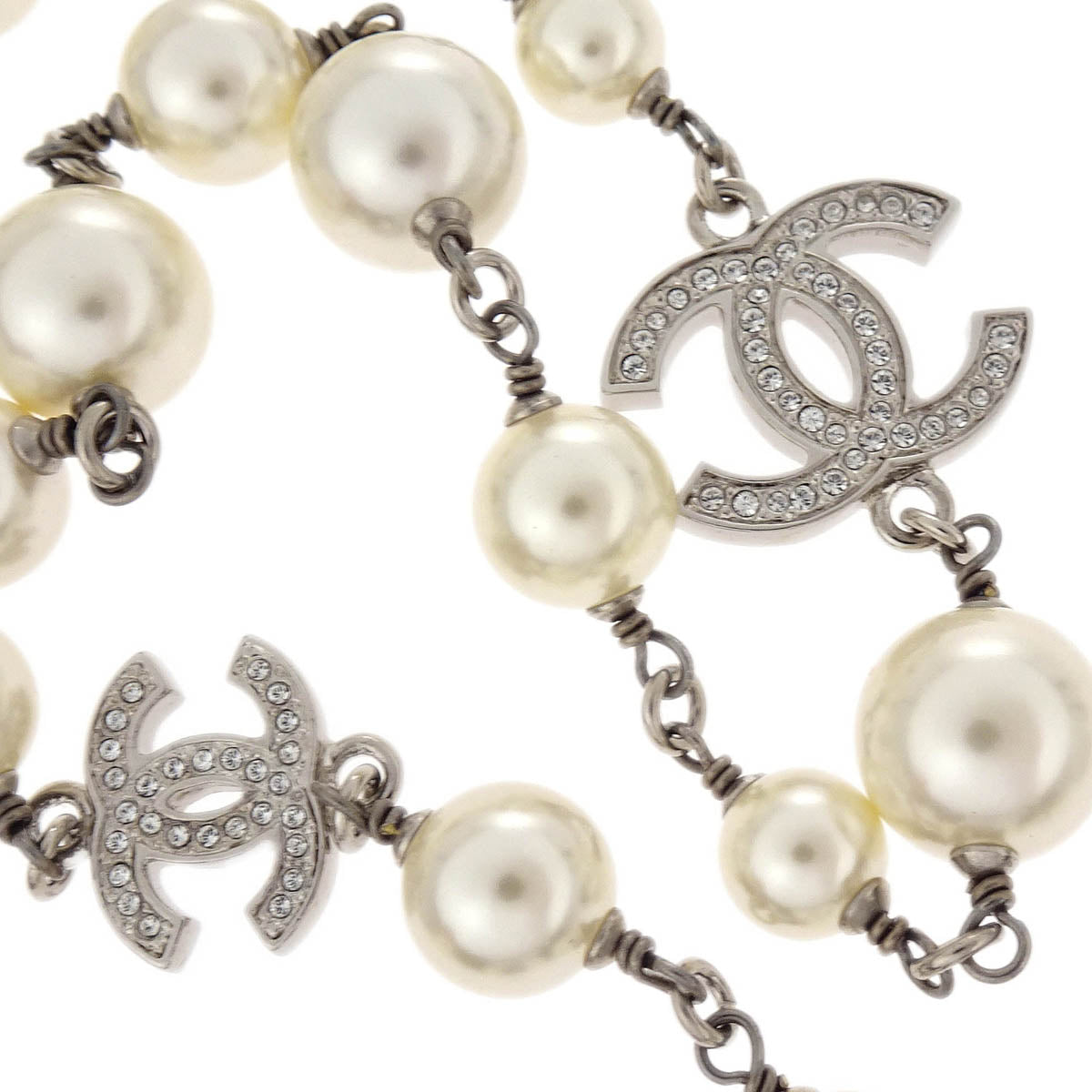 Chanel Costume Pearl Rhinestone Chain Necklace Silver A19V