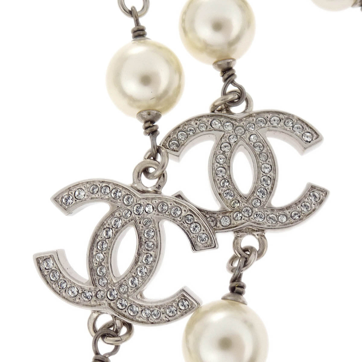 Chanel Costume Pearl Rhinestone Chain Necklace Silver A19V