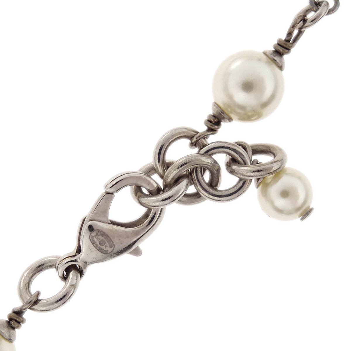 Chanel Costume Pearl Rhinestone Chain Necklace Silver A19V