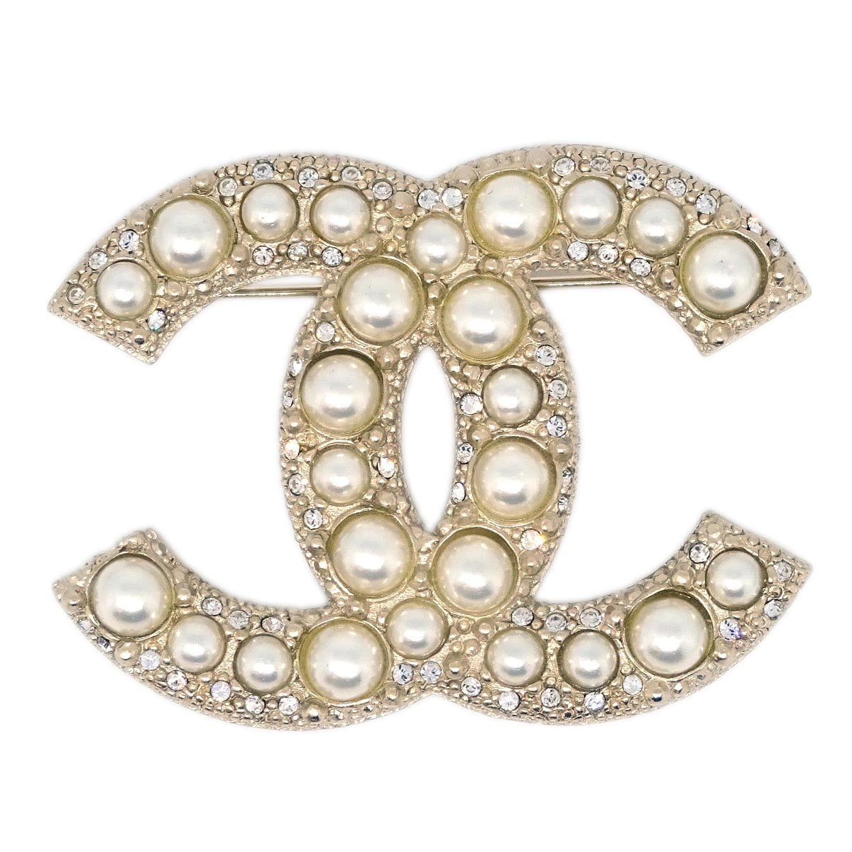 Chanel CC Brooch Pin Gold Rhinestone Costume Pearl F19V