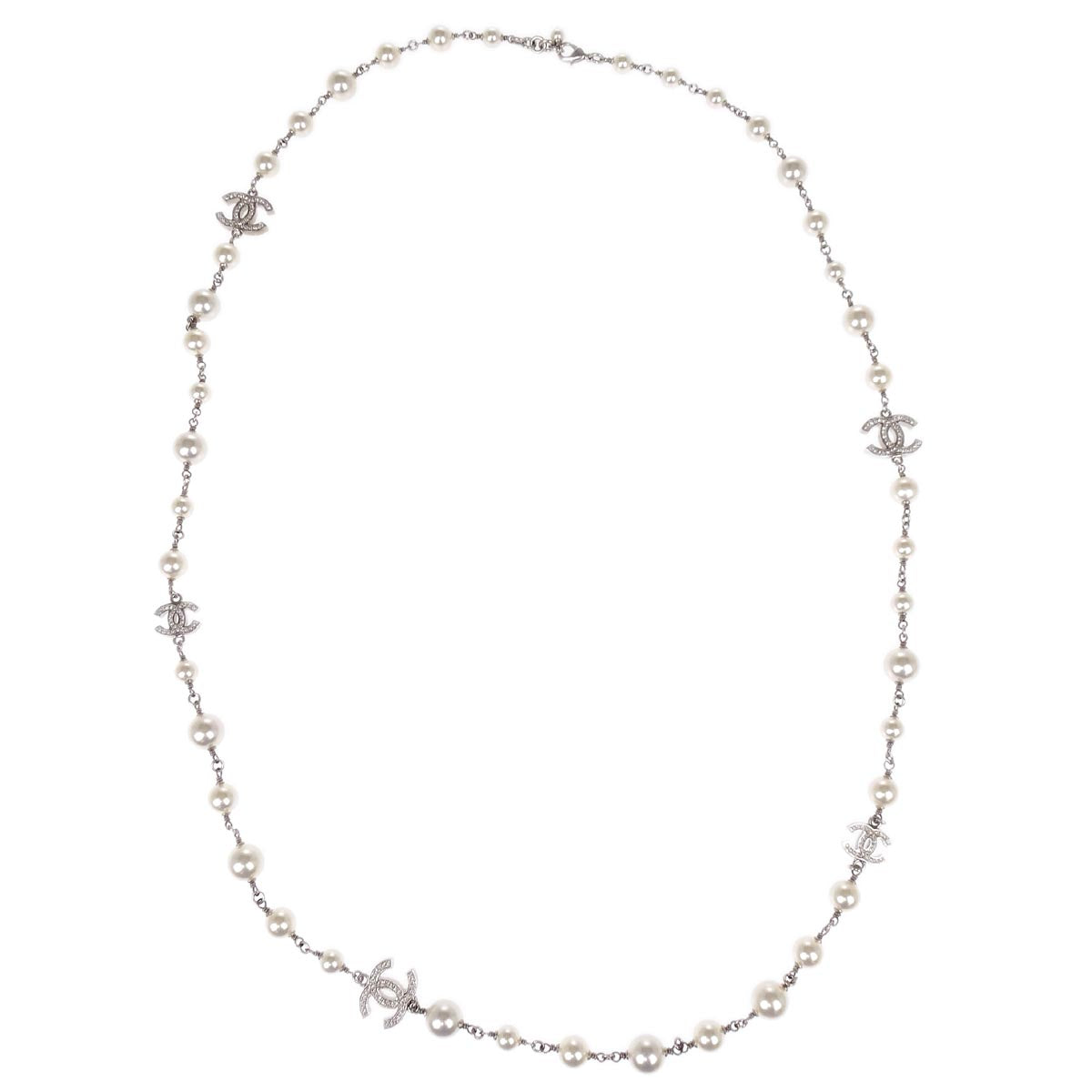Chanel Costume Pearl Rhinestone Necklace Silver A19V