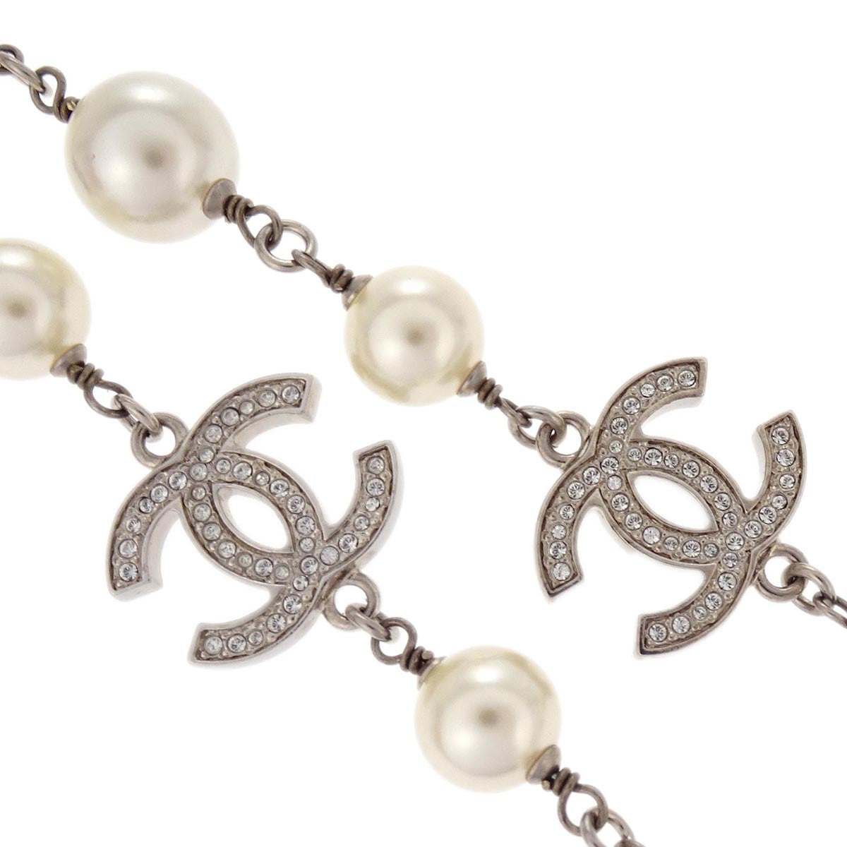 Chanel Costume Pearl Rhinestone Necklace Silver A19V