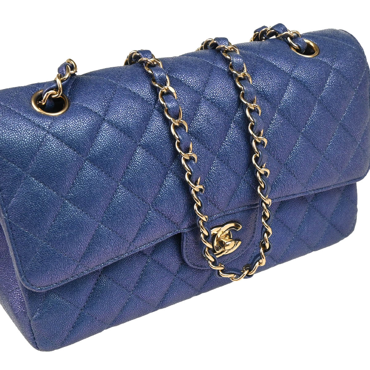 Chanel 2019 Metallic Blue Caviar Medium Classic Double Flap Shoulder Bag