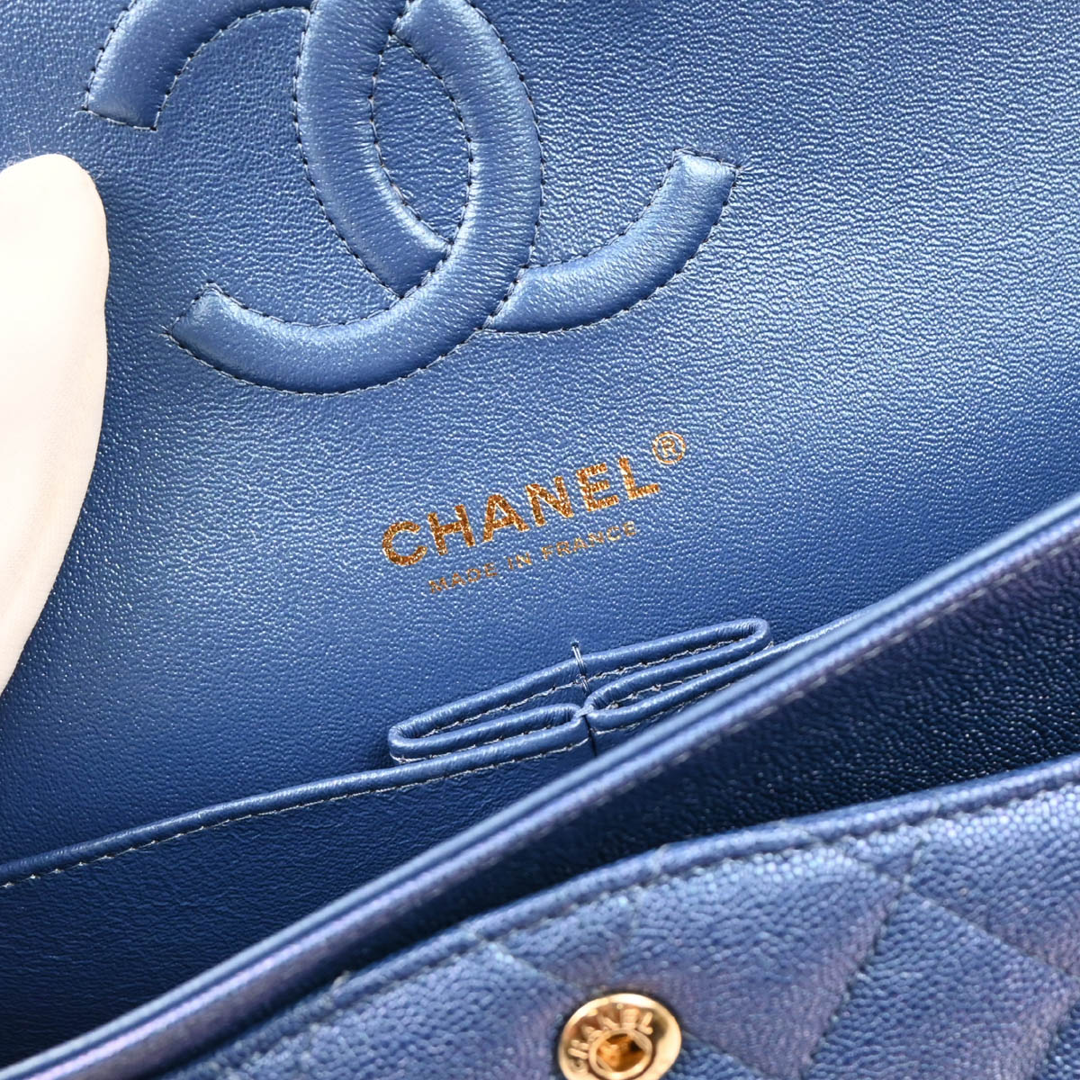 Chanel 2019 Metallic Blue Caviar Medium Classic Double Flap Shoulder Bag