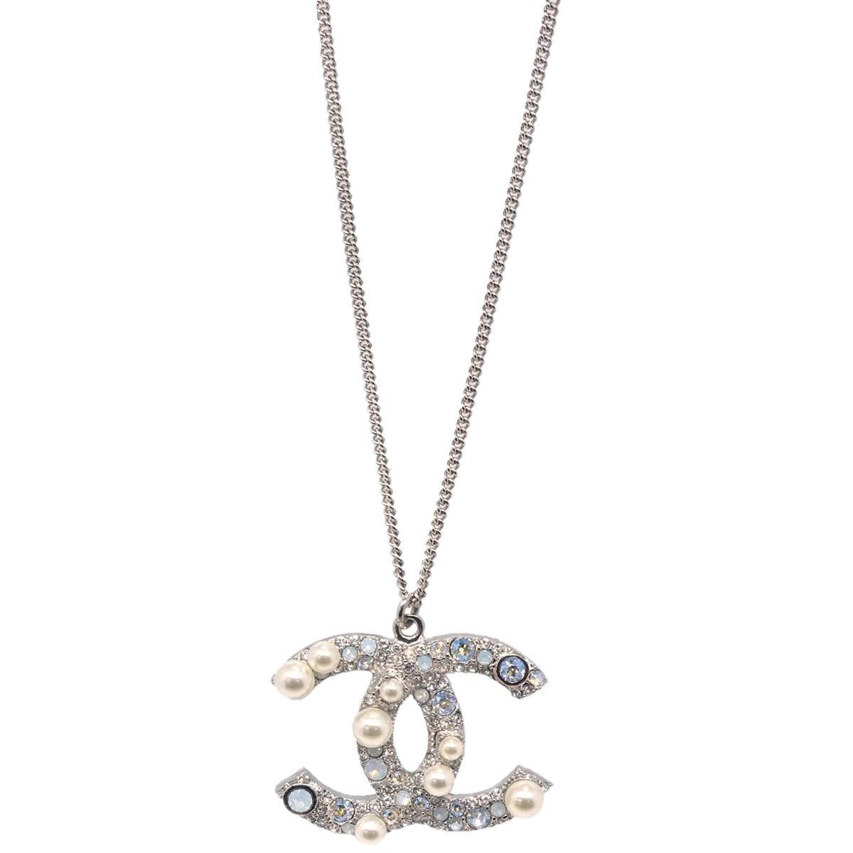 Chanel CC Chain Necklace Pendant Rhinestone Costume Pearl Silver B17K