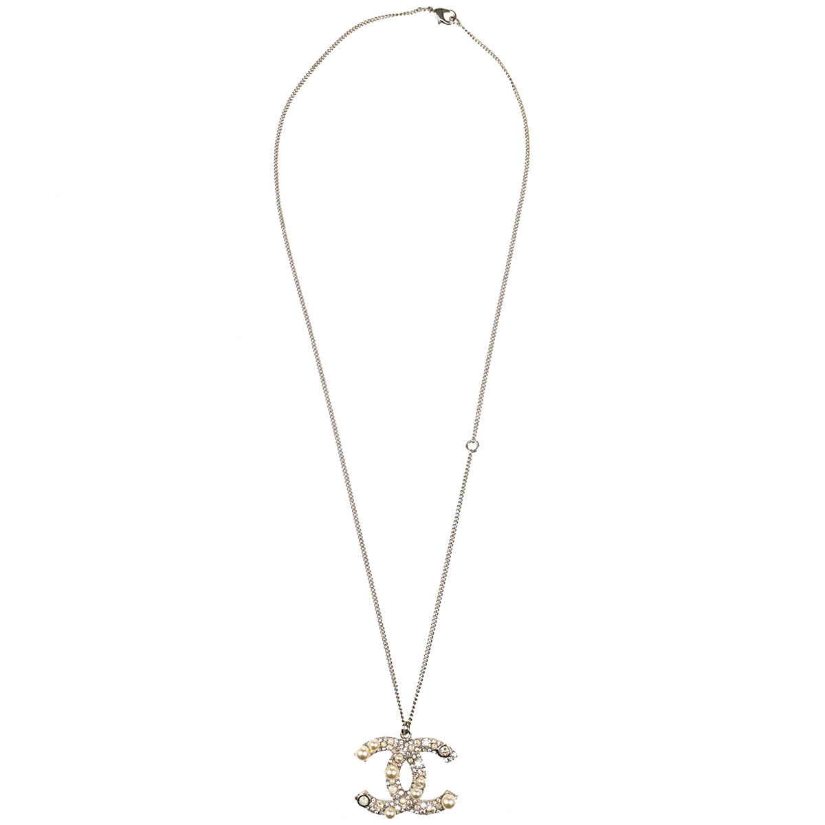Chanel CC Chain Necklace Pendant Rhinestone Costume Pearl Silver B17K