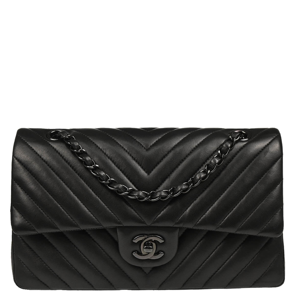 Chanel 2015-2016 Black Lambskin Chevron Medium Classic Double Flap Shoulder Bag