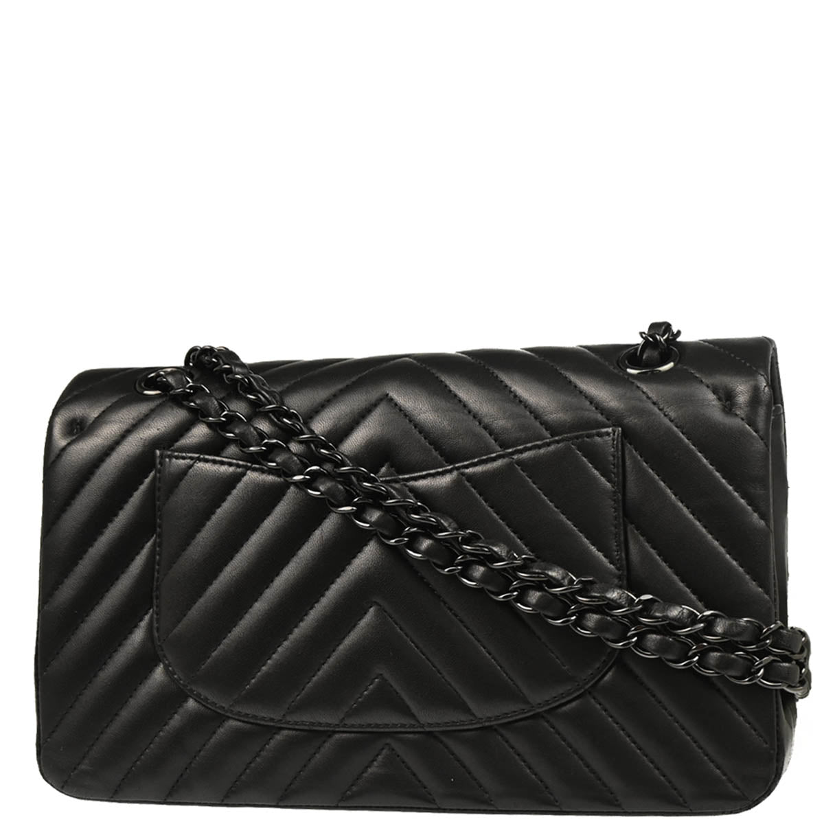 Chanel 2015-2016 Black Lambskin Chevron Medium Classic Double Flap Shoulder Bag