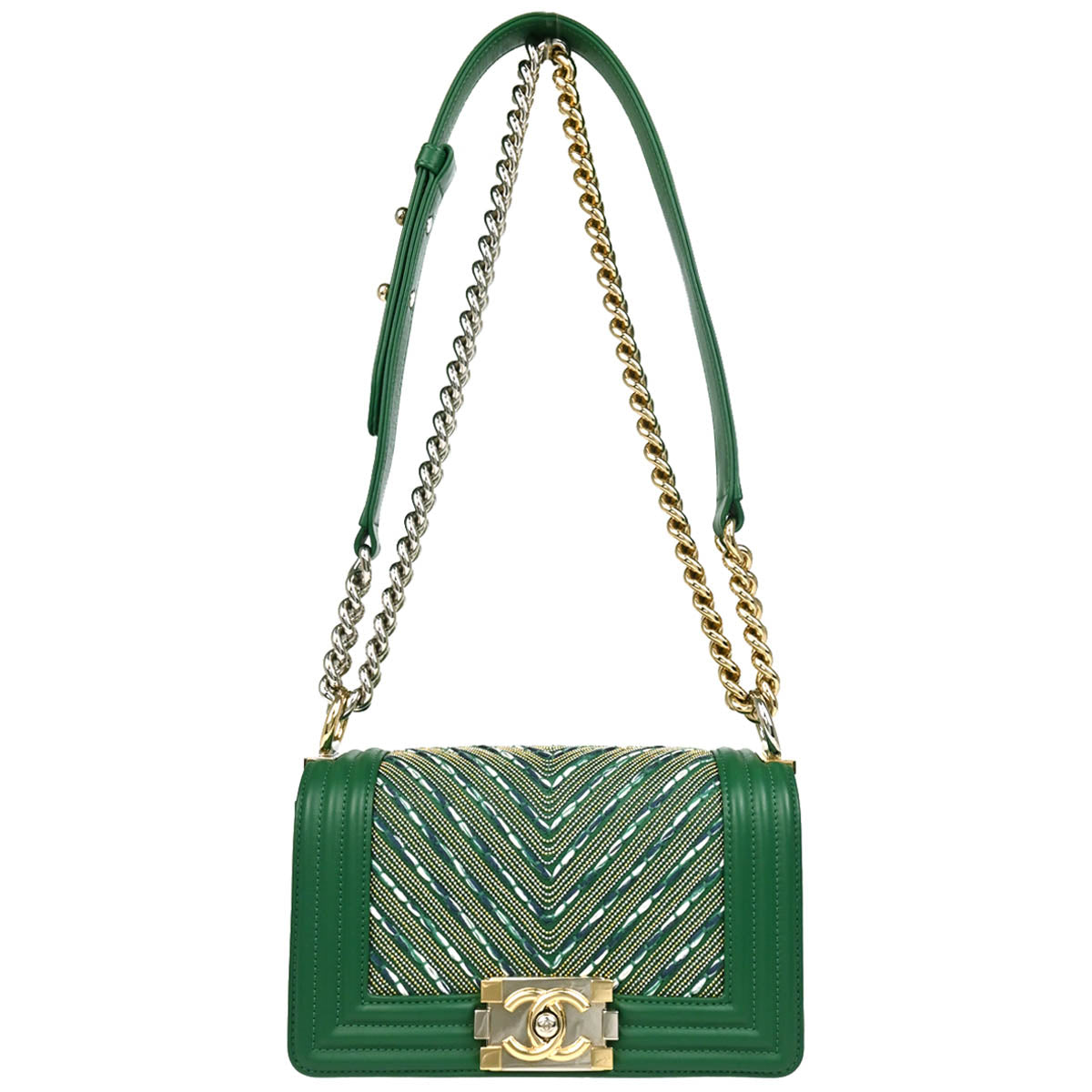 Boy Chanel 2018 Green Lambskin Chevron Small Chain Shoulder Bag