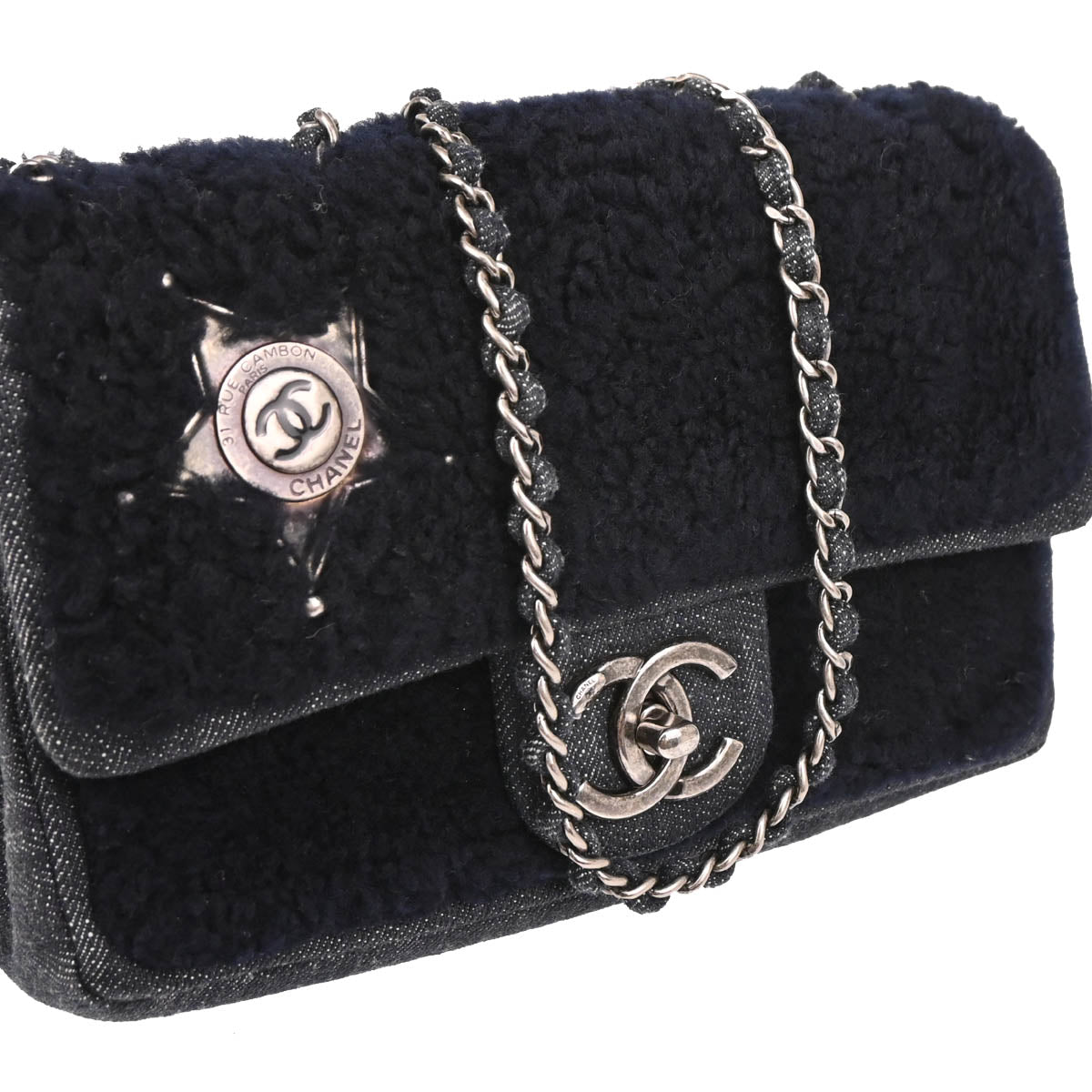 Chanel 2014 Navy Mouton Denim Paris Dallas Single Flap Shoulder Bag