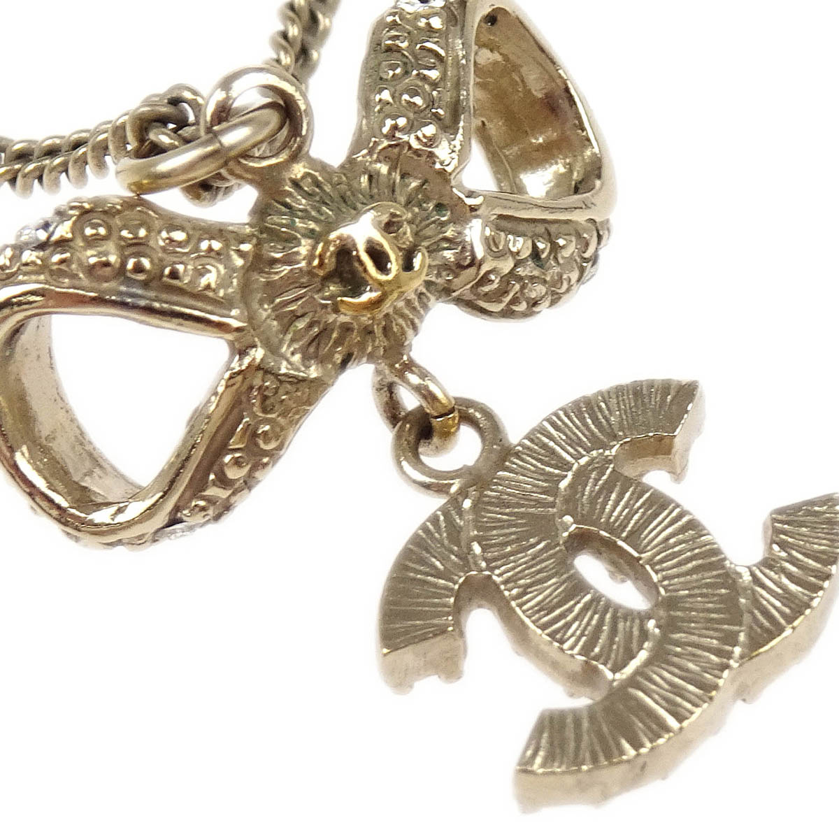 Chanel Gold Chain Pendant Necklace Rhinestone Bow CC B12P