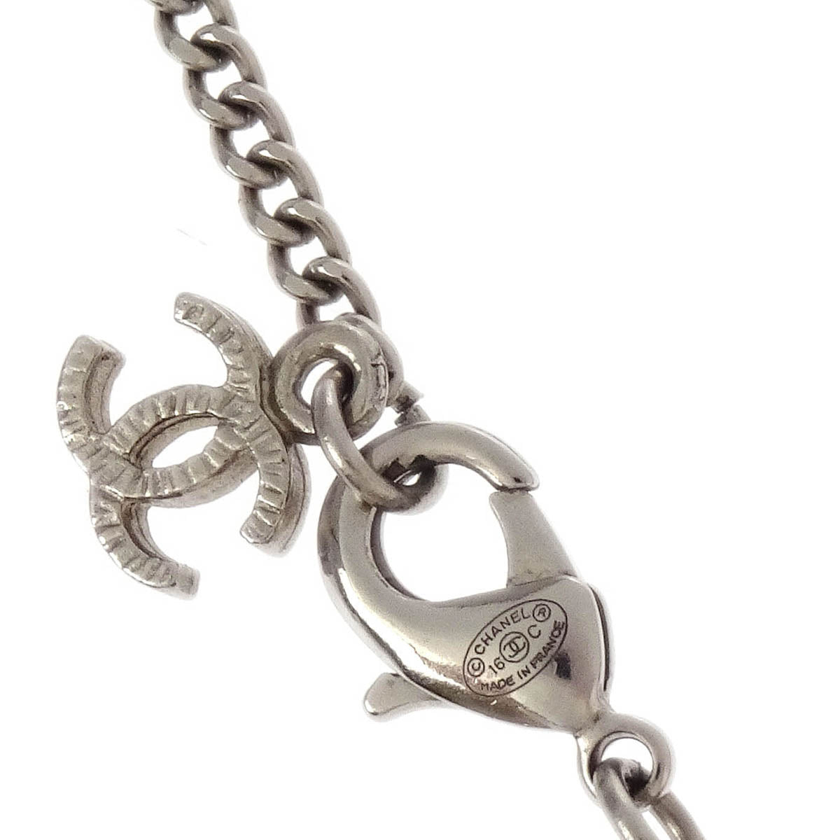 Chanel CC Chain Necklace Pendant Rhinestone Silver 16C