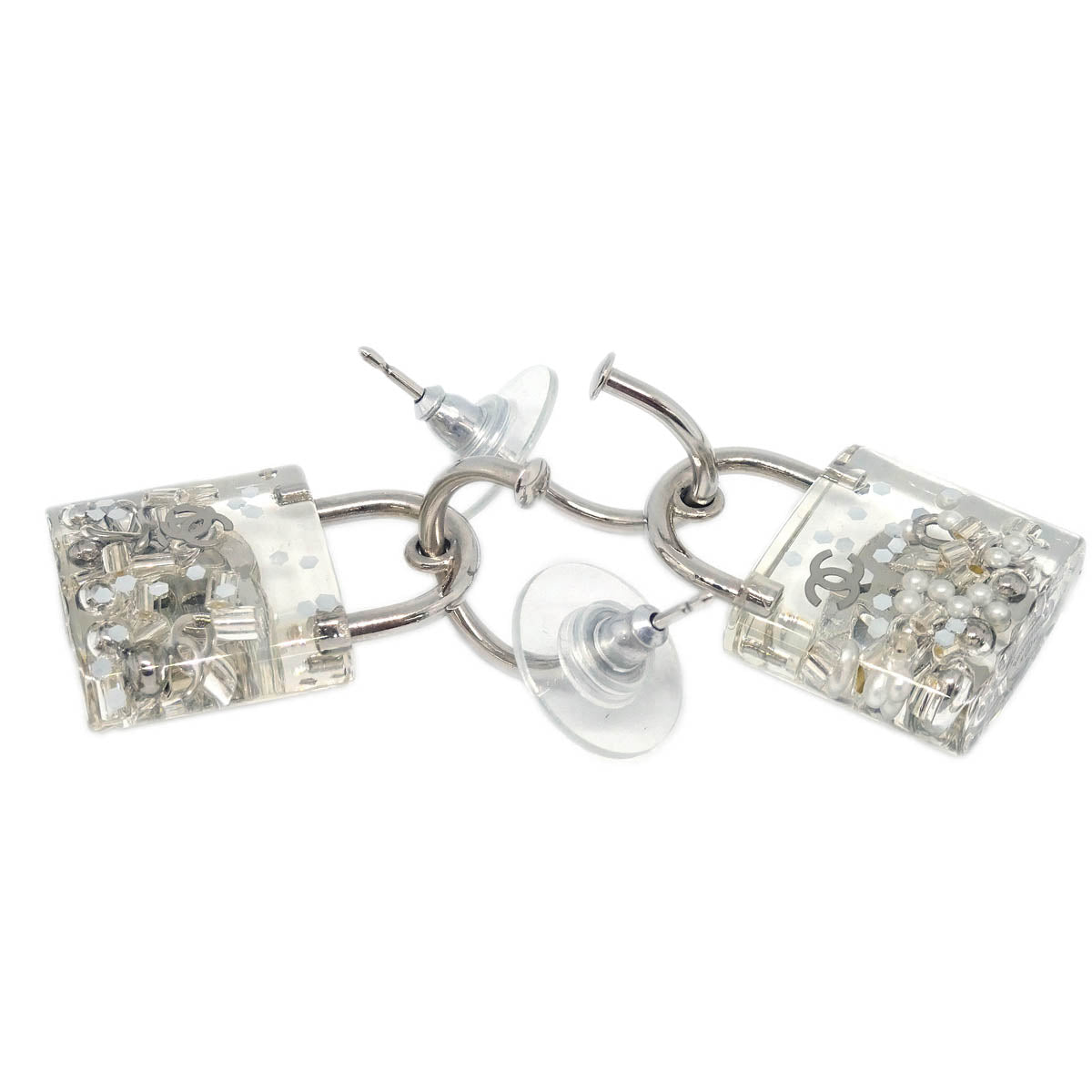 Chanel Dangle Piercing Earrings Silver Padlock 14K