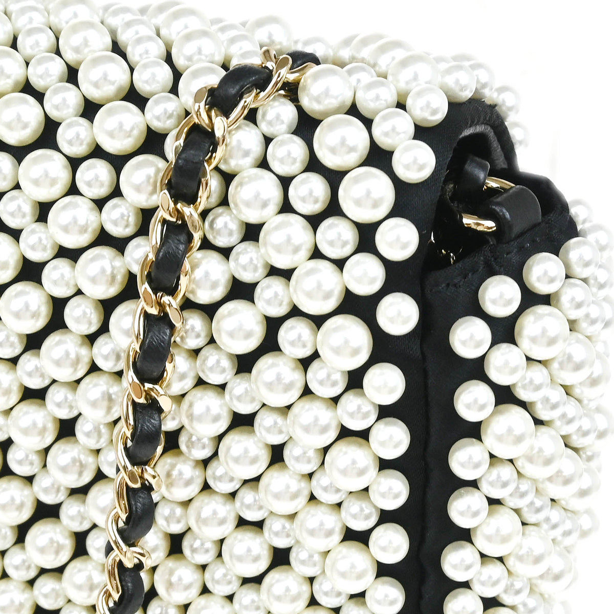 Chanel * 2019 Black White Satin Costume Pearl Shoulder Bag