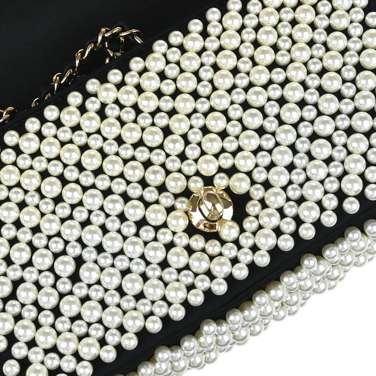 Chanel * 2019 Black White Satin Costume Pearl Shoulder Bag