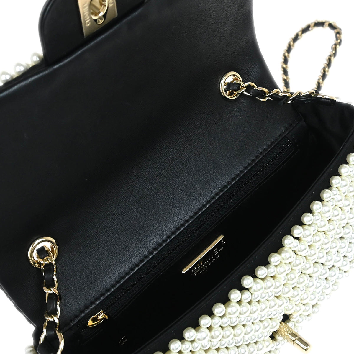 Chanel * 2019 Black White Satin Costume Pearl Shoulder Bag