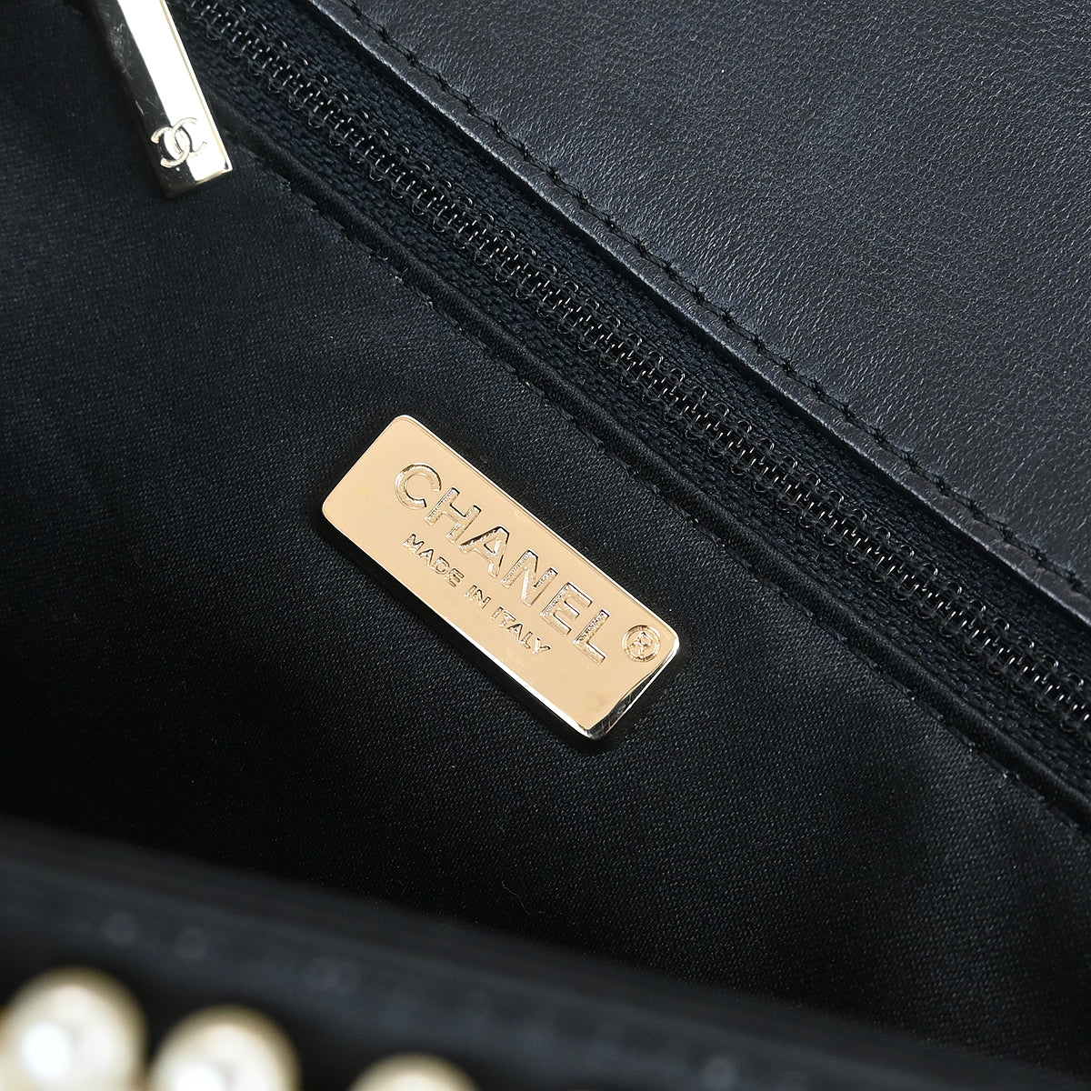 Chanel * 2019 Black White Satin Costume Pearl Shoulder Bag