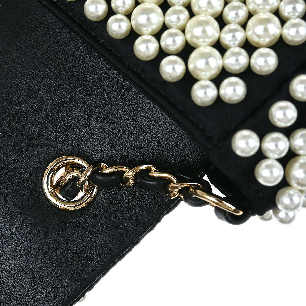 Chanel * 2019 Black White Satin Costume Pearl Shoulder Bag