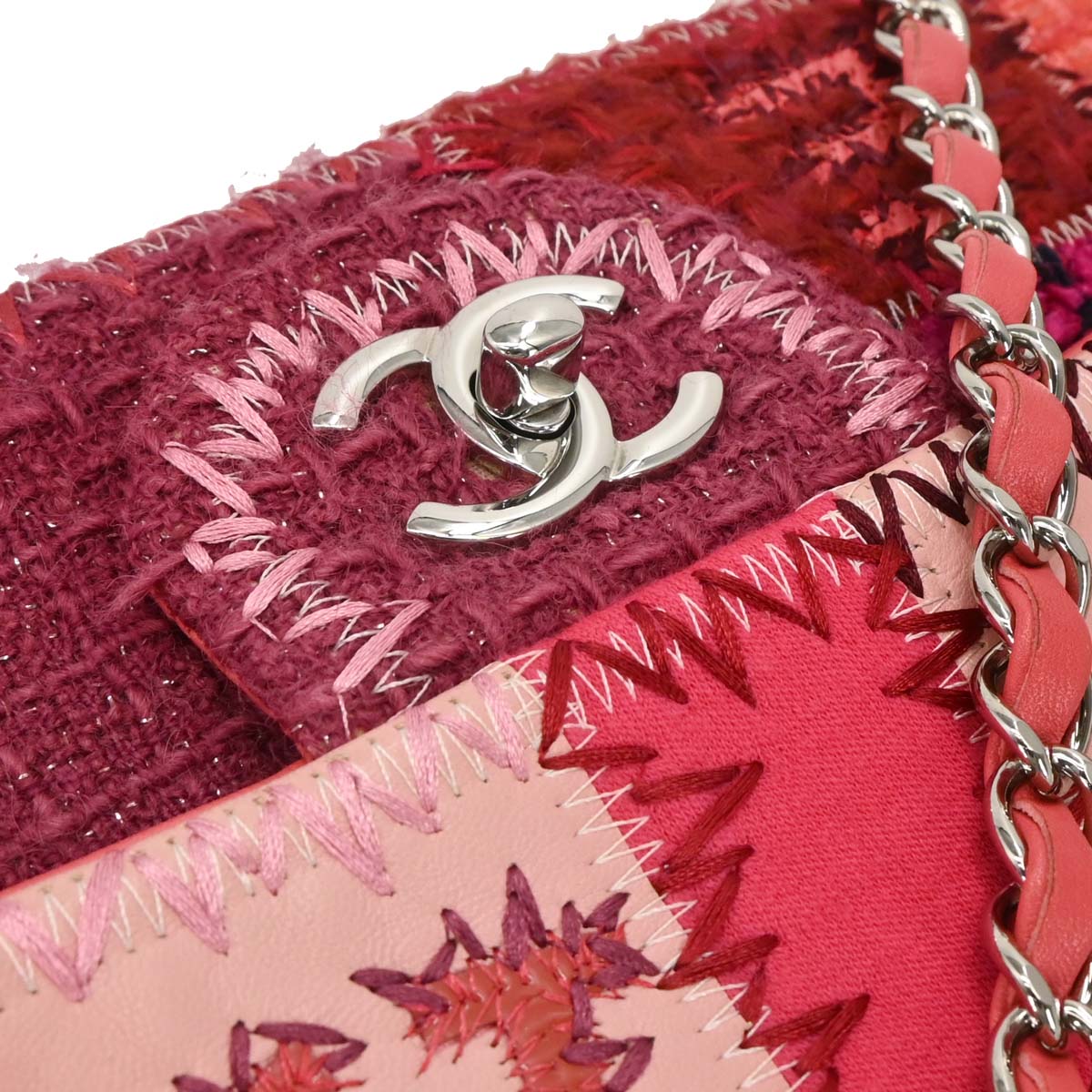 Chanel 2017 Pink Calfskin Tweed Patchwork Medium Classic Single Flap