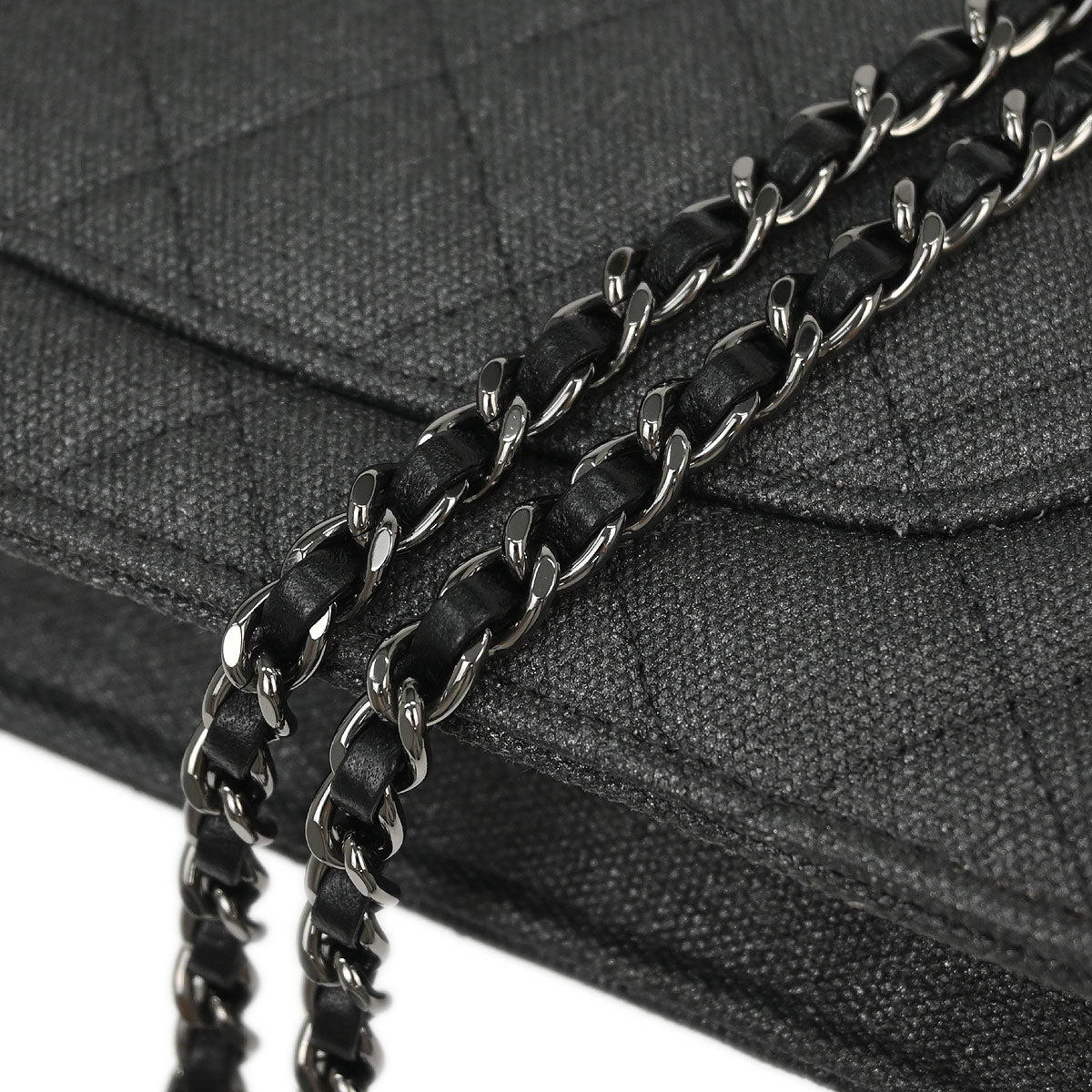 Chanel 2018 Gray Canvas Rhinestone Mademoiselle Lock Wallet on Chain WOC