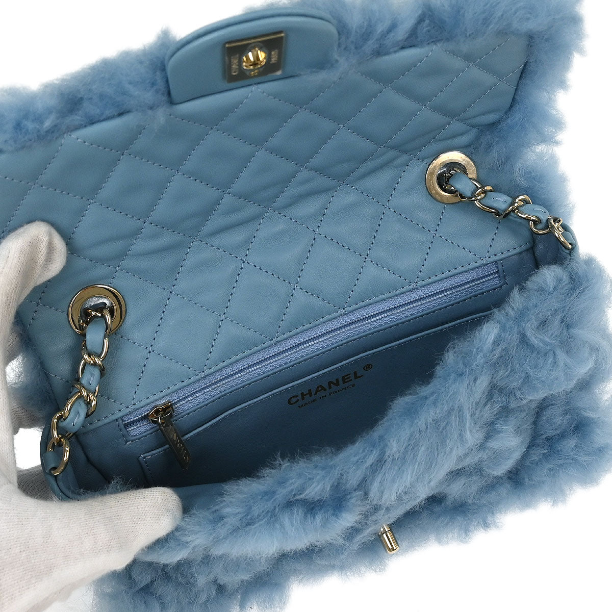 Chanel Light Blue Shearling Lambskin Shoulder Bag