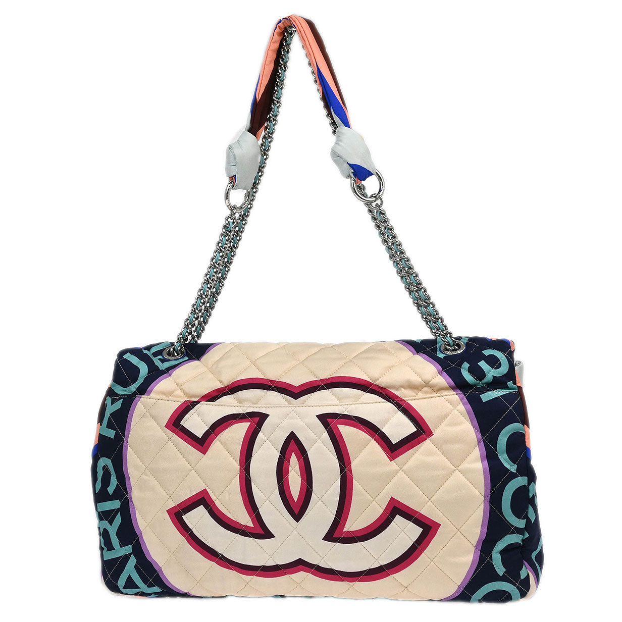 Chanel 2018 Light Blue Navy Satin XXL Quilted Printed Shoulder Bag