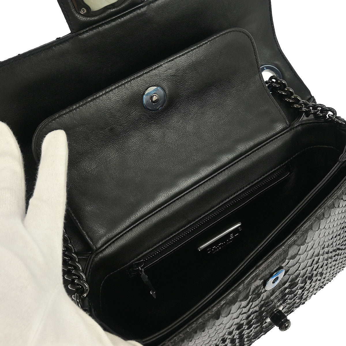 Chanel * 2014-2015 Black Python Perfect Edge Flap Bag 2way Shoulder Handbag