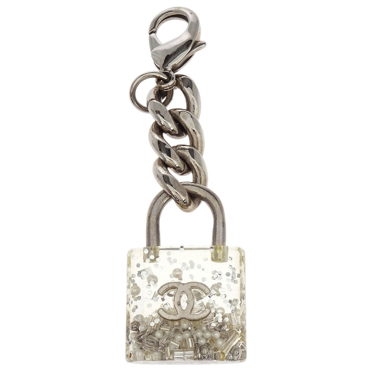 Chanel Silver Padlock Key Holder Bag Charm Small Good 14K