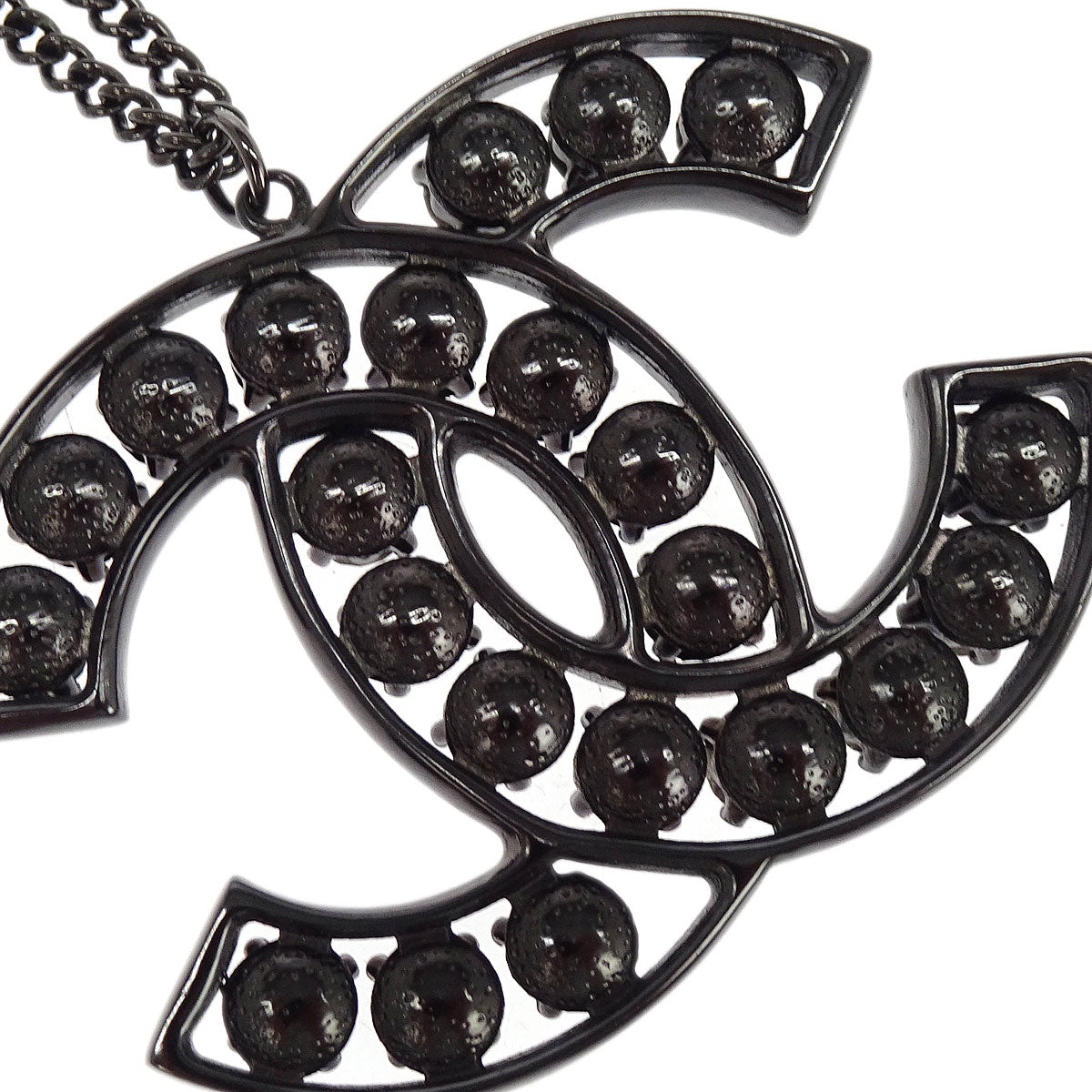 Chanel CC Chain Pendant Necklace Silver Black Rhinestone B15V