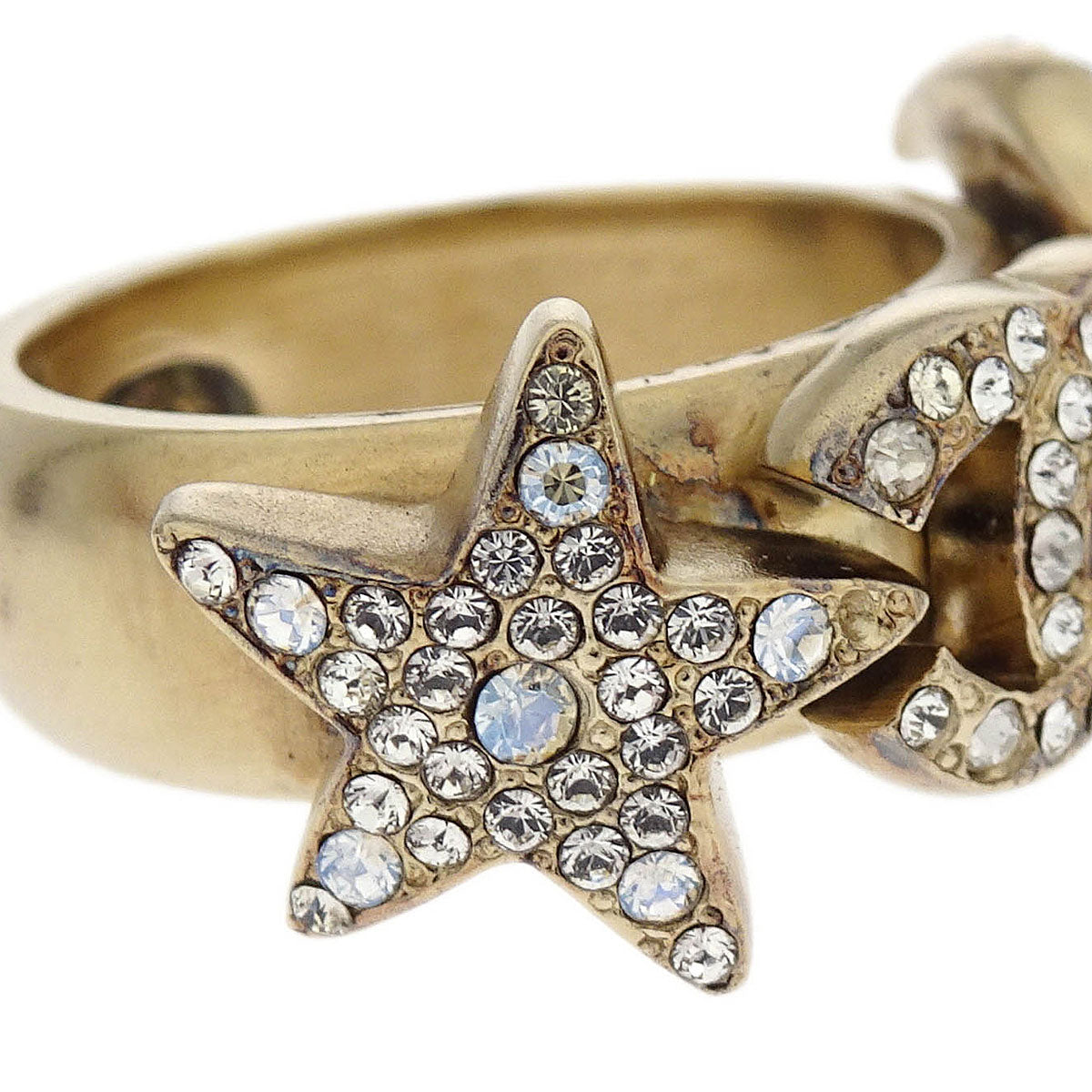 Chanel Ring Gold Rhinestone Star CC Crescent Moon #50 17B