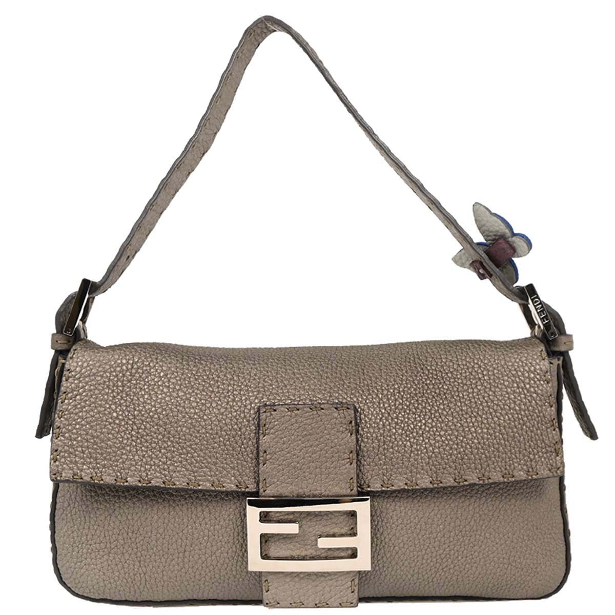 Fendi Gray Leather Stitch Baguette Handbag