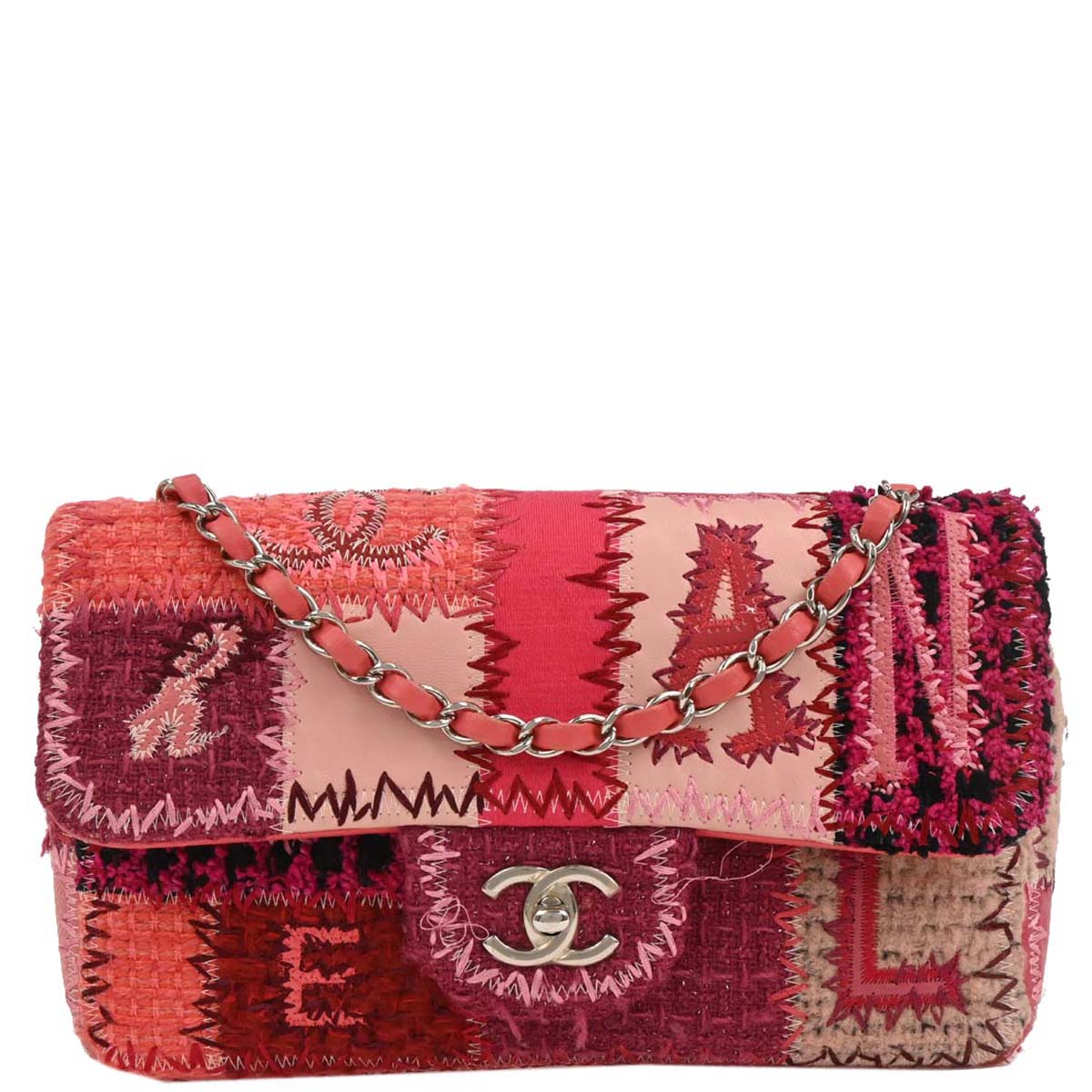 Chanel Pink Tweed Single Flap Patchwork Shoulder Bag
