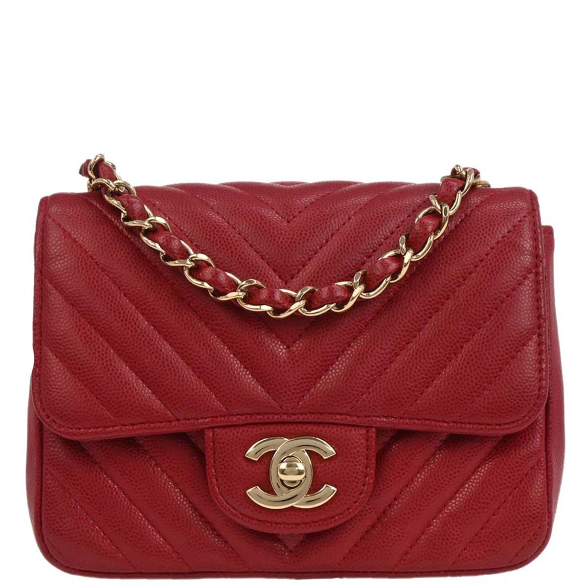 Chanel Red Caviar Chevron Mini Classic Square Flap Bag