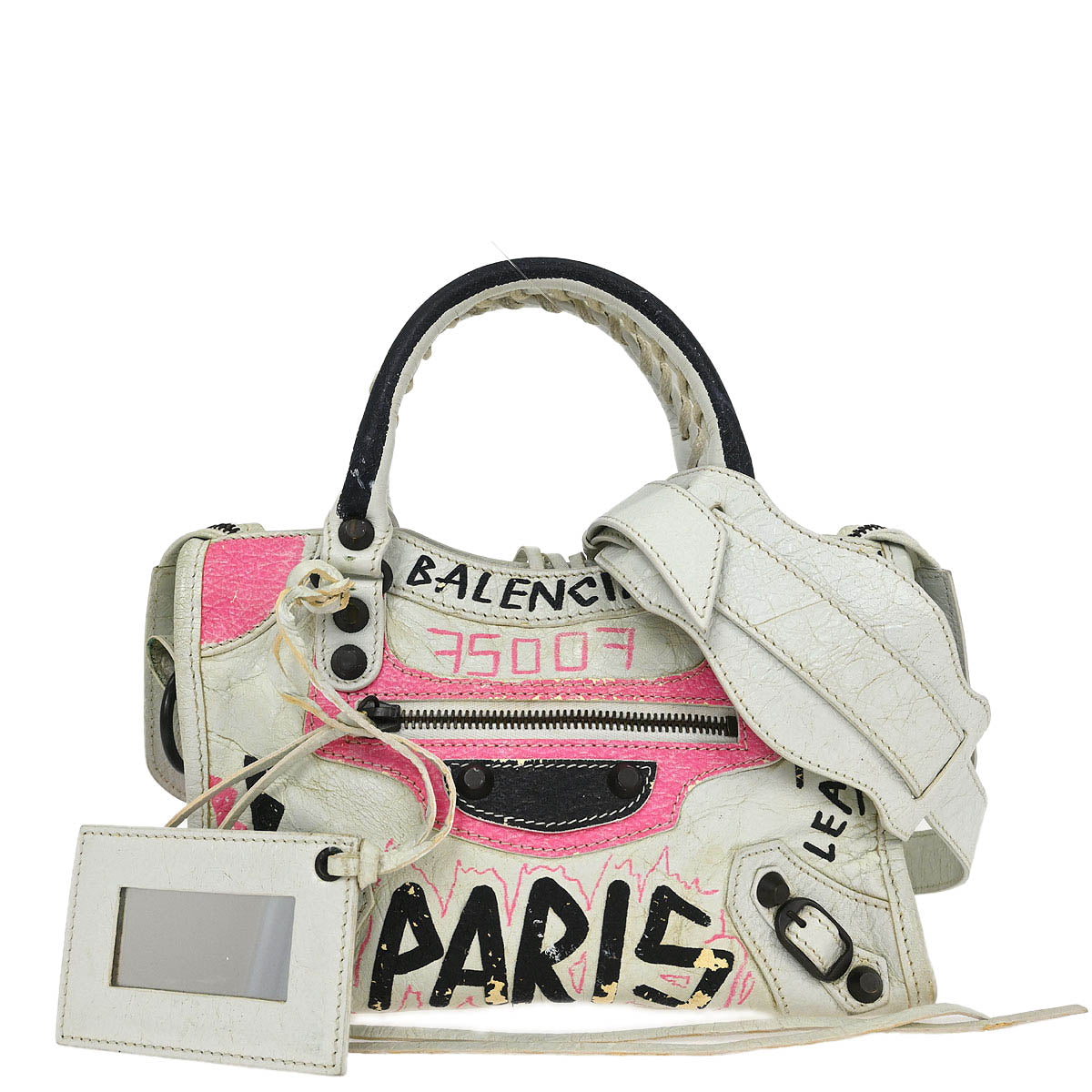 Balenciaga White Classic Mini City Graffiti Handbag