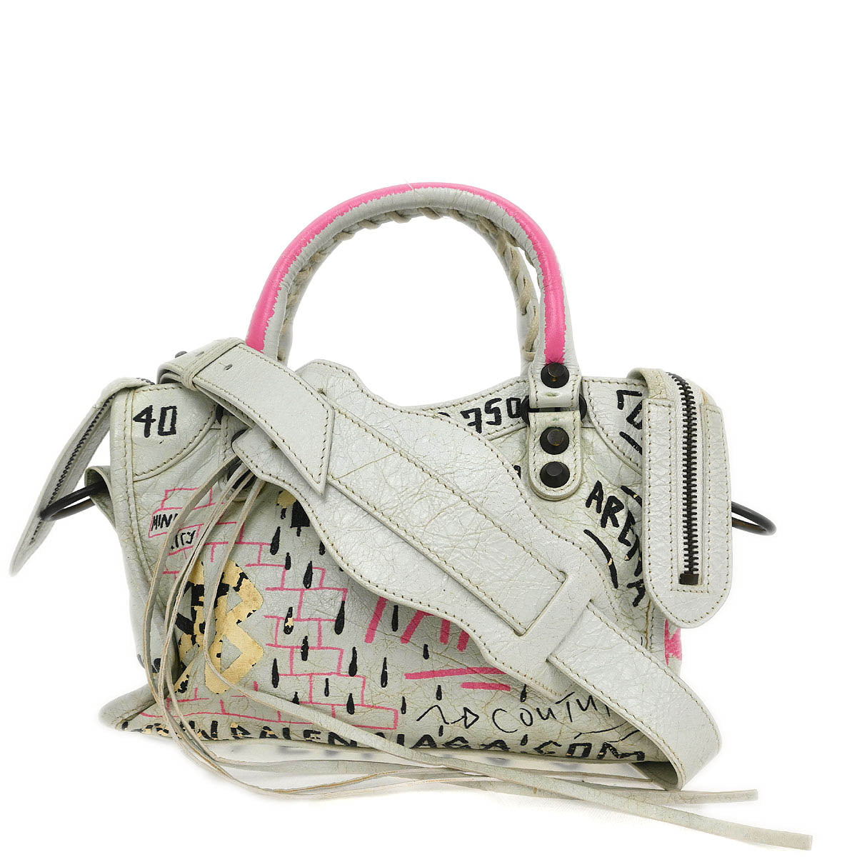 Balenciaga White Classic Mini City Graffiti Handbag