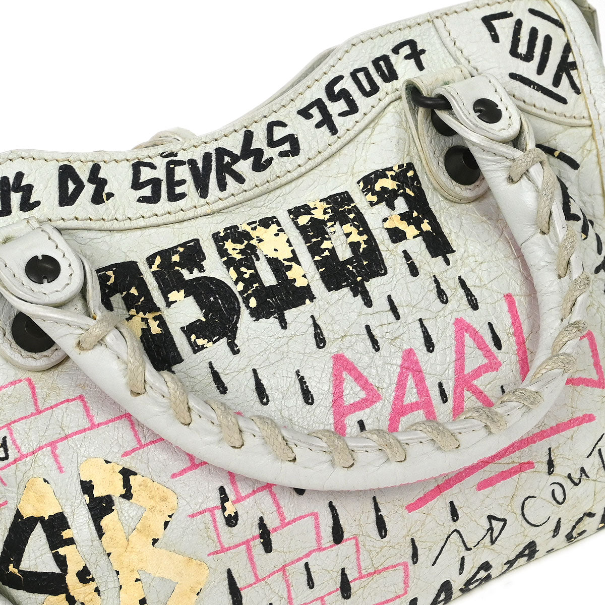 Balenciaga White Classic Mini City Graffiti Handbag