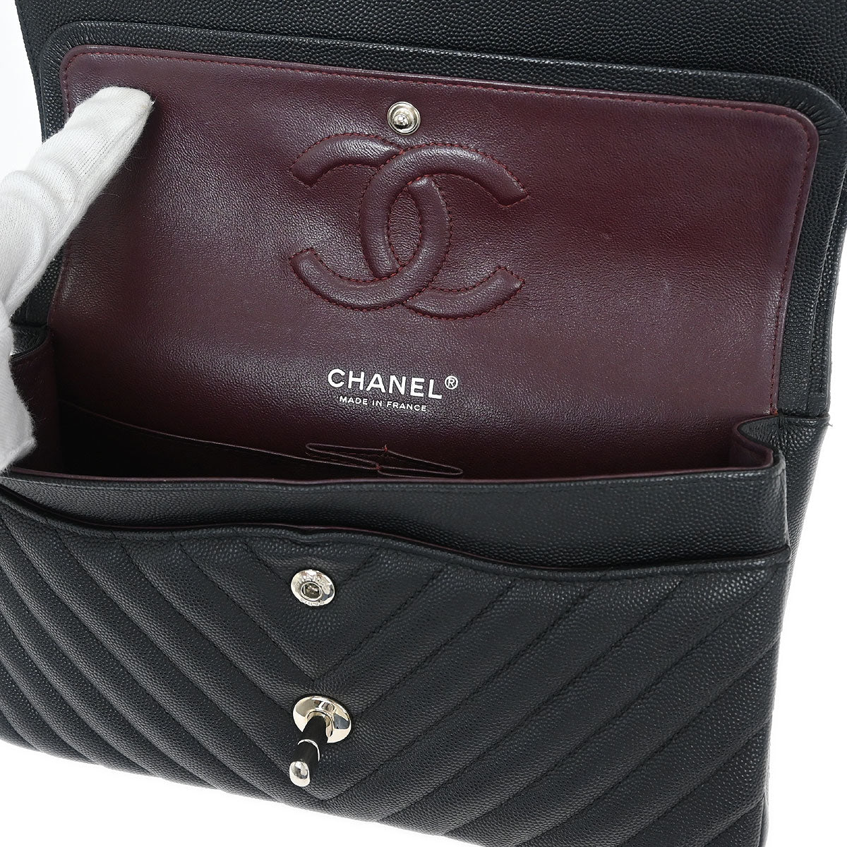 Chanel Black Caviar Chevron Medium Classic Double Flap Shoulder Bag