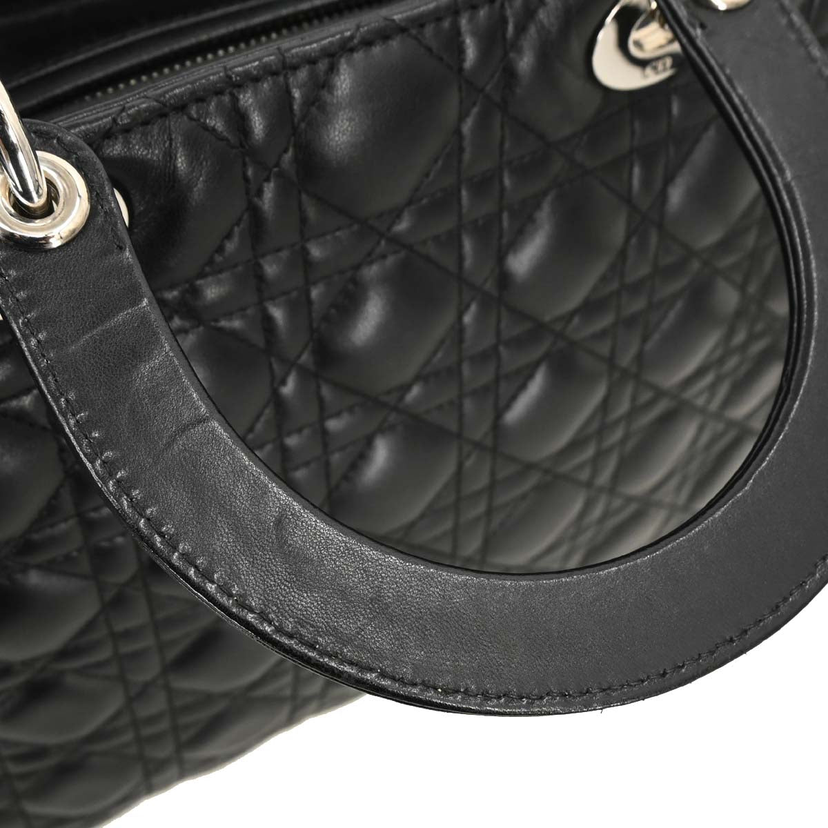 Christian Dior Black Lambskin Large Lady Dior Cannage 2way Shoulder Handbag