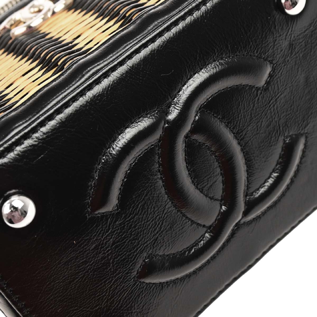 Chanel Black Beige Rattan Calfskin Vanity Handbag
