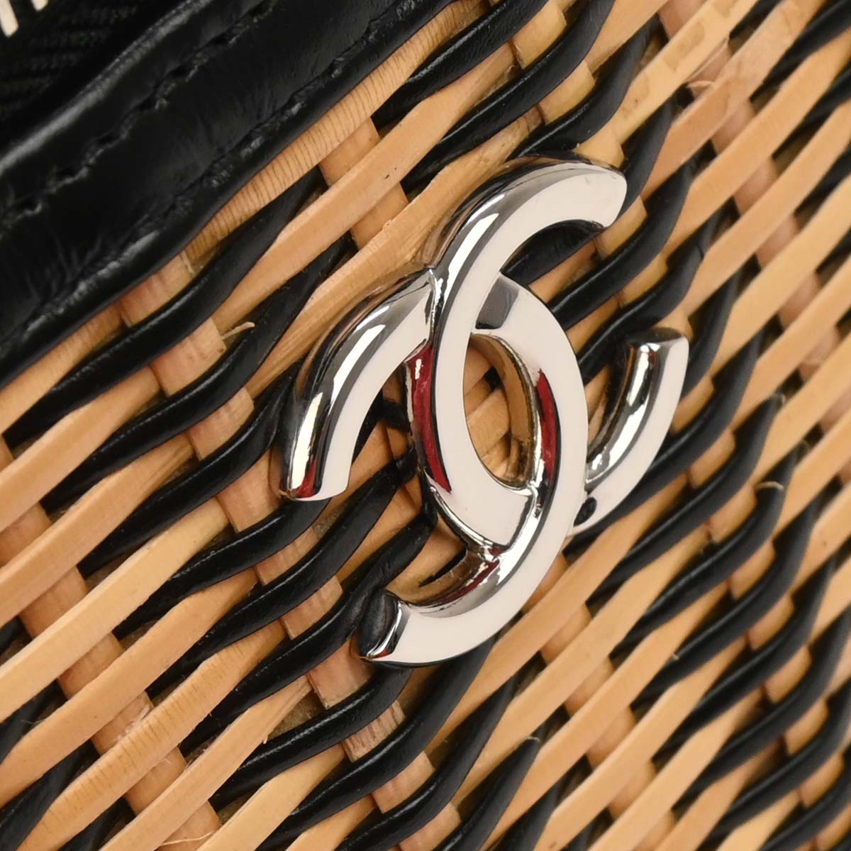 Chanel Black Beige Rattan Calfskin Vanity Handbag