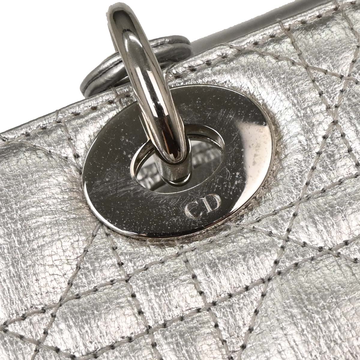 Christian Dior Silver Lambskin Small Lady Dior Cannage 2way Shoulder Handbag